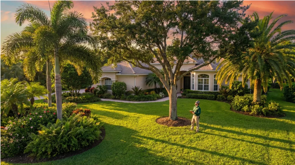Joshua-Tree-Inc.-Annual-Tree-Care-Guide-SWFL An ISA-certified arborist from Joshua Tree Inc. assesses a mature oak tree on a beautiful Southwest Florida property, illustrating the company's annual tree care guide.