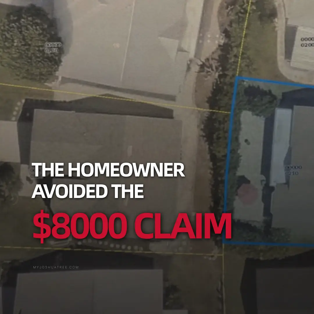 Aerial view of a home and yard with a property boundary outlined in blue, overlaid with the text "The homeowner avoided the $8000 claim."
